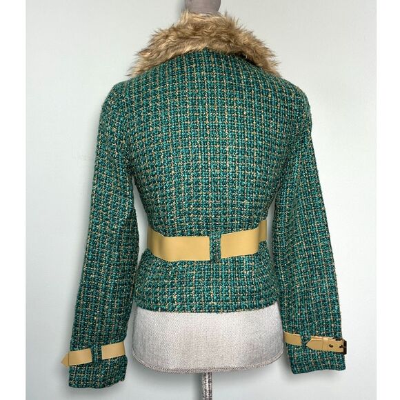 Vintage Y2k Faux Fur Belted Blue Green Gold Tweed Jacket Blazer size S - Picture 2 of 9
